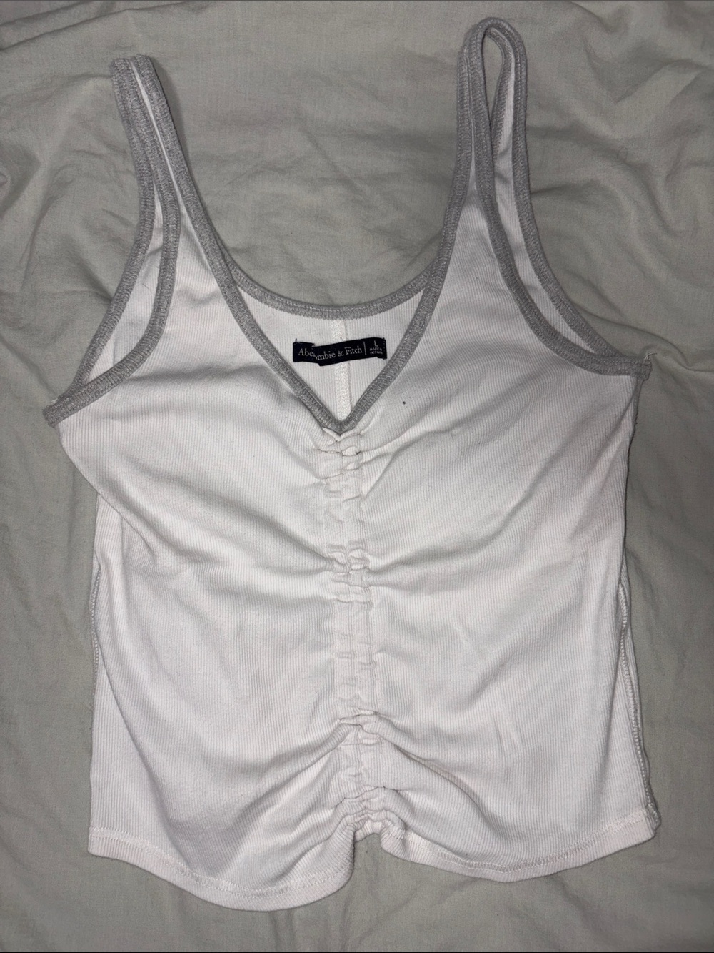 Abercrombie & Fitch White Tank Top with Gray Trim and Center Ruched Detail